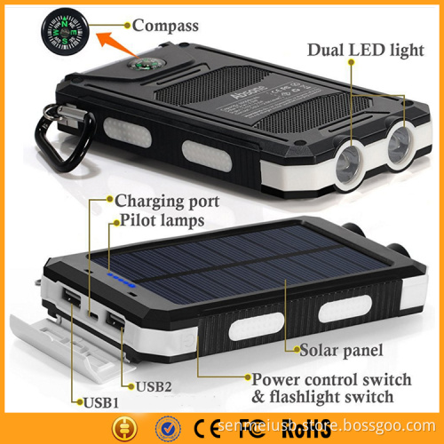 Portable 10000mAh Solar Backup Charger Waterproof for IOS Android Cellphones